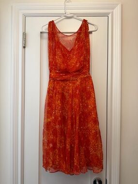 Vintage Orange Floral V-Neck Midi Dress